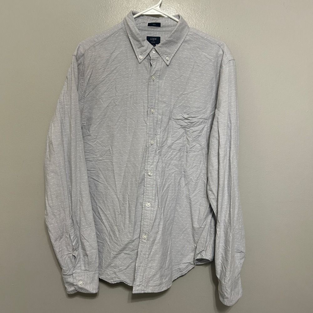 J.Crew Oxford Shirt Mens L Grey Slim Fit Dobby Dot Textured Cotton Preppy Fall